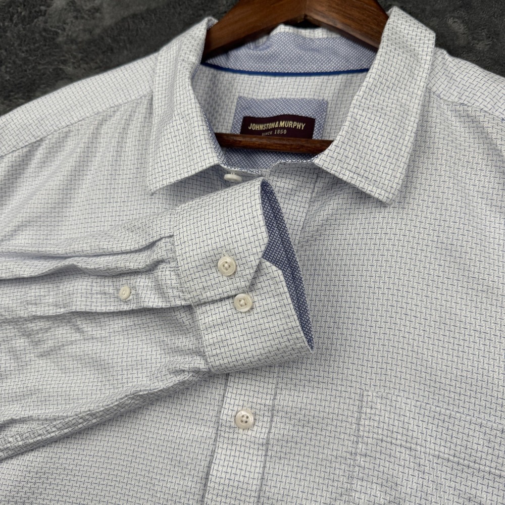 Johnston & Murphy Button Down Mens XL Blue White Geometric Cotton Excellent